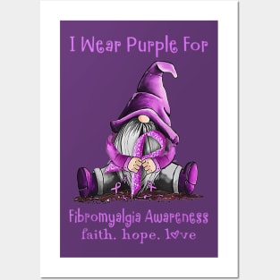I Wear Purple For Fibromyalgia Awareness Gnome Posters and Art